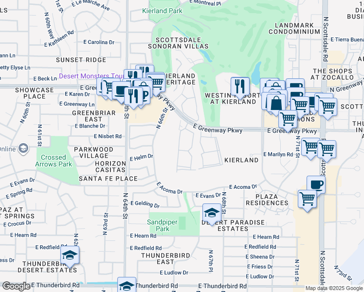 map of restaurants, bars, coffee shops, grocery stores, and more near 6633 East Greenway Parkway in Scottsdale