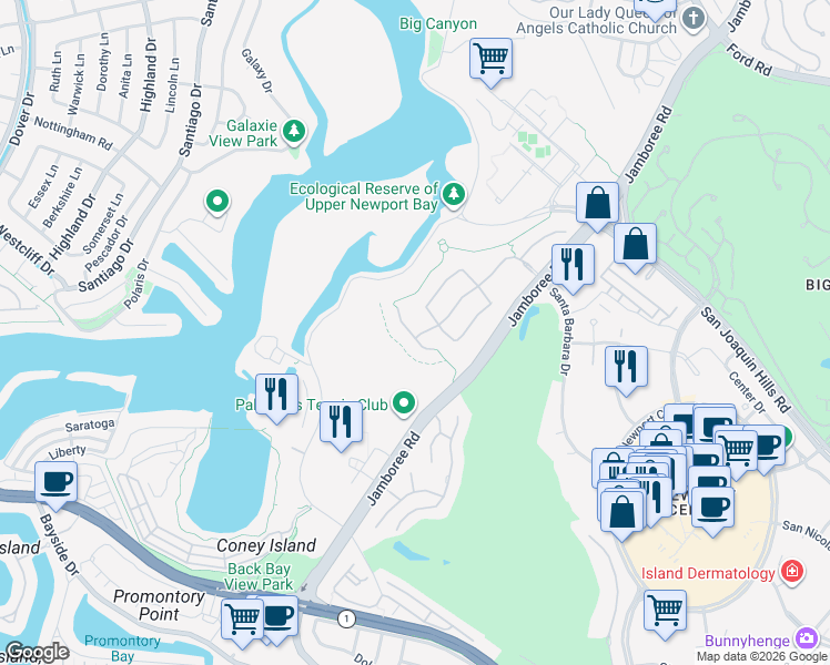 map of restaurants, bars, coffee shops, grocery stores, and more near 15 Sea Cove Lane in Newport Beach