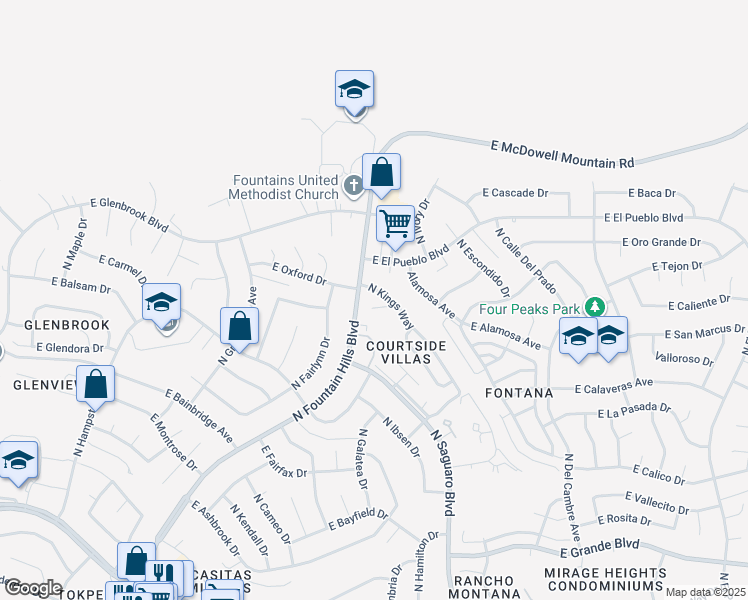 map of restaurants, bars, coffee shops, grocery stores, and more near 16819 North Kings Way in Fountain Hills