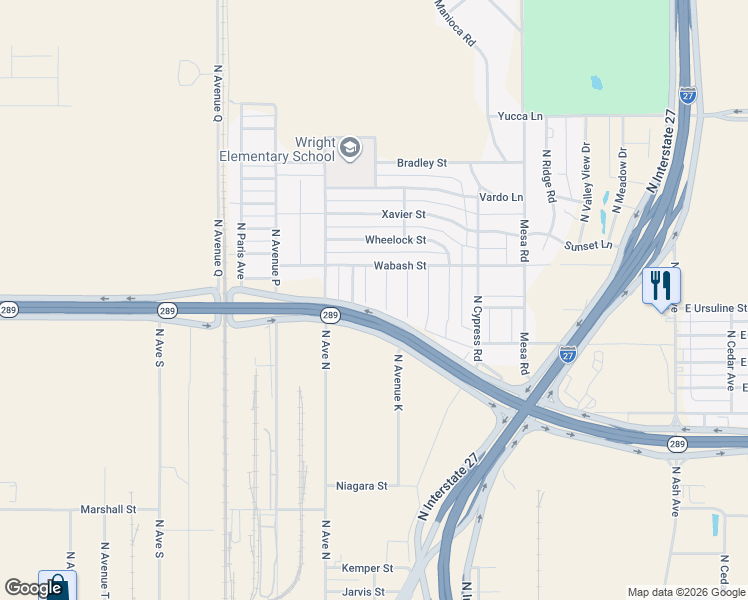 map of restaurants, bars, coffee shops, grocery stores, and more near Texas 289 Loop Frontage Road in Lubbock