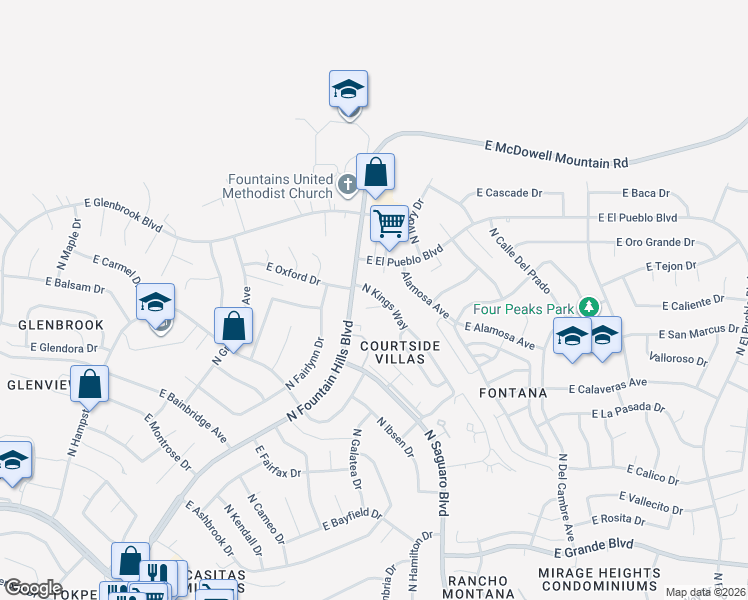 map of restaurants, bars, coffee shops, grocery stores, and more near 16819 North Kings Way in Fountain Hills