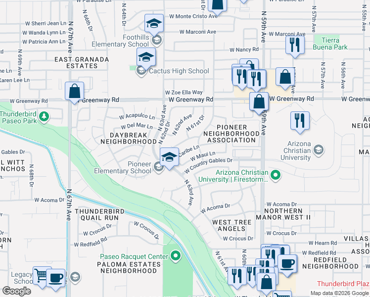 map of restaurants, bars, coffee shops, grocery stores, and more near 6131 West Caribe Lane in Glendale