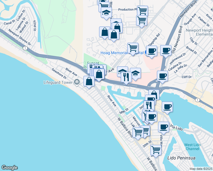map of restaurants, bars, coffee shops, grocery stores, and more near 210 44th Street in Newport Beach
