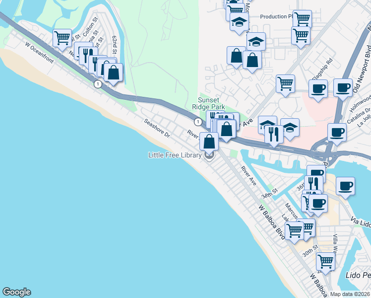 map of restaurants, bars, coffee shops, grocery stores, and more near 4809 Seashore Drive in Newport Beach