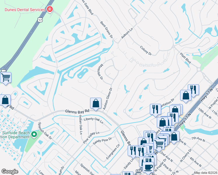 map of restaurants, bars, coffee shops, grocery stores, and more near 1407 Ashton Glenn Drive in Myrtle Beach