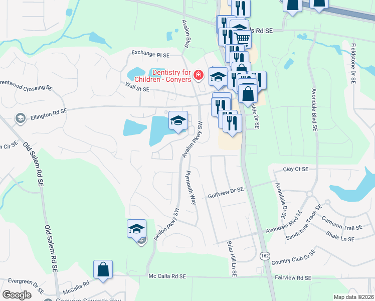 map of restaurants, bars, coffee shops, grocery stores, and more near 2514 Plymouth Way Southeast in Conyers
