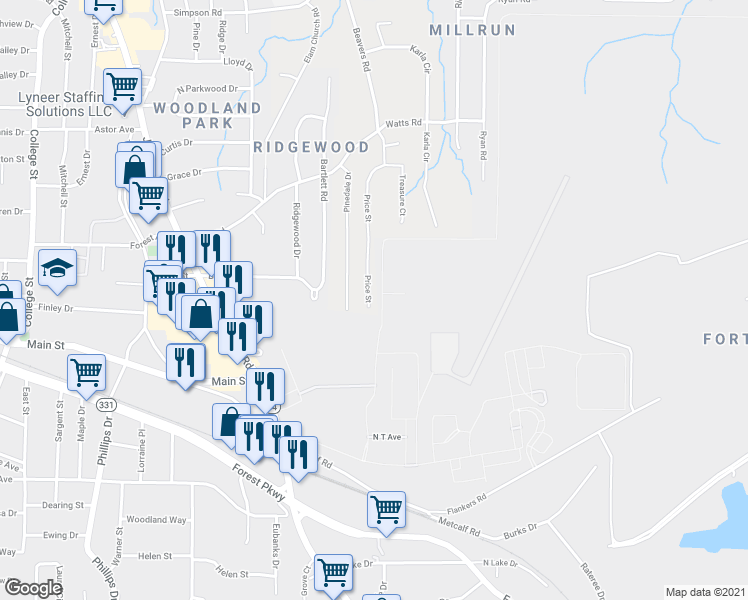 map of restaurants, bars, coffee shops, grocery stores, and more near 4862 Price Street in Forest Park