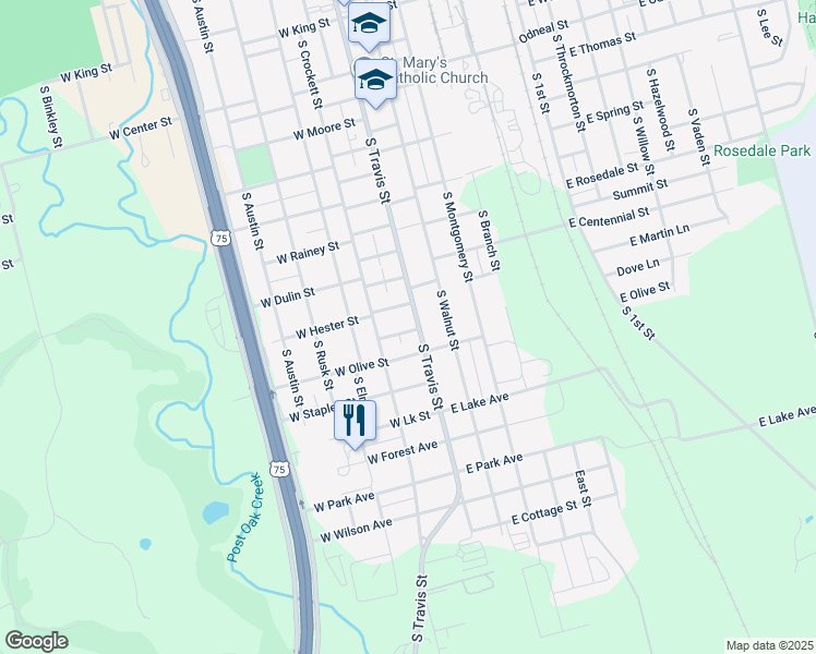 map of restaurants, bars, coffee shops, grocery stores, and more near 1443 South Travis Street in Sherman