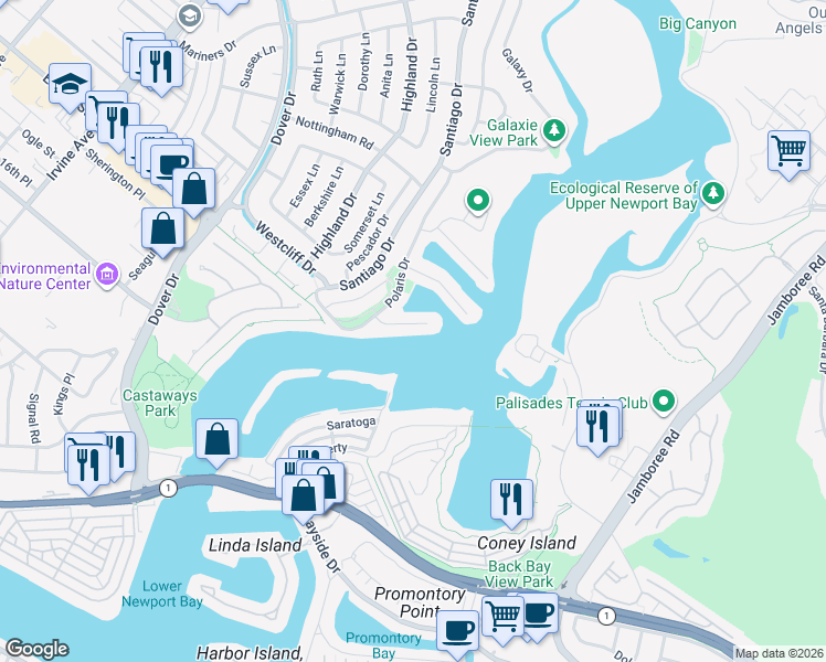 map of restaurants, bars, coffee shops, grocery stores, and more near 323 Morning Star Lane in Newport Beach