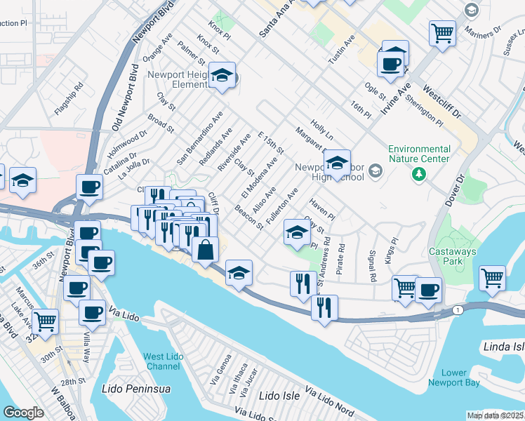 map of restaurants, bars, coffee shops, grocery stores, and more near 416 Aliso Avenue in Newport Beach