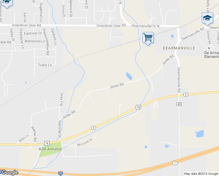 map of restaurants, bars, coffee shops, grocery stores, and more near 550 Jones Road in Anniston