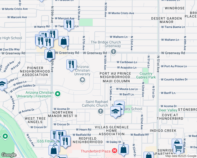 map of restaurants, bars, coffee shops, grocery stores, and more near 5517 West Maui Lane in Glendale