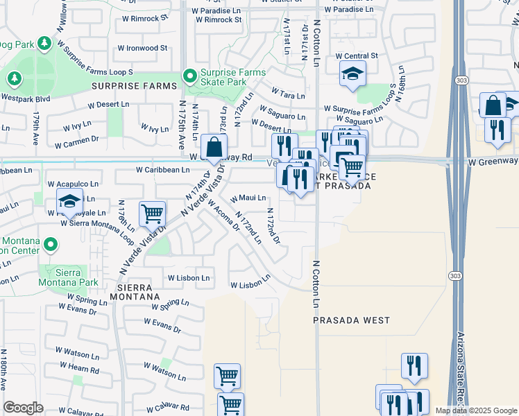 map of restaurants, bars, coffee shops, grocery stores, and more near 17236 West Country Gable Drive in Surprise