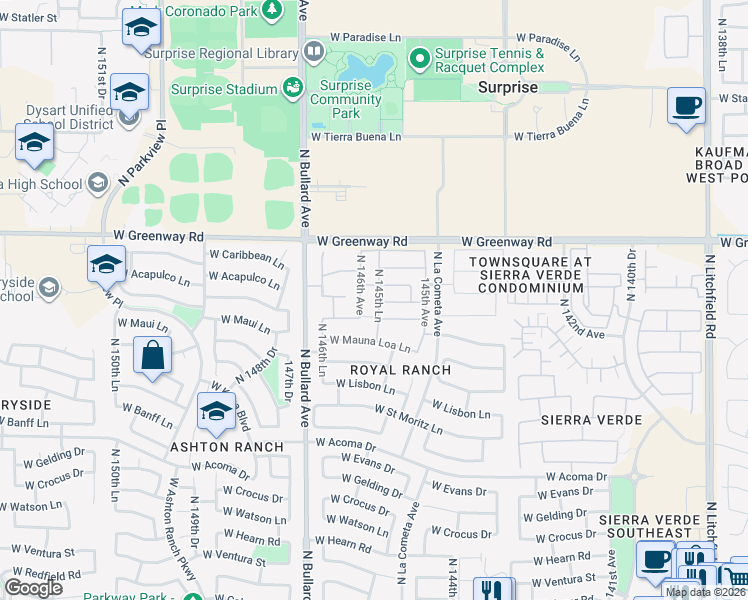map of restaurants, bars, coffee shops, grocery stores, and more near 15085 North 146th Avenue in Surprise