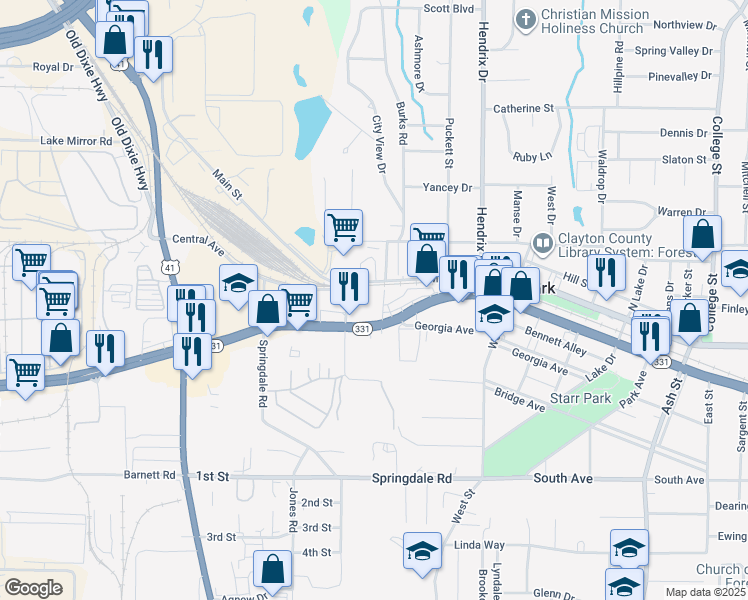 map of restaurants, bars, coffee shops, grocery stores, and more near 454 Georgia 331 in Forest Park