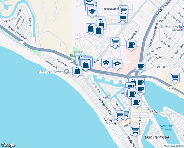map of restaurants, bars, coffee shops, grocery stores, and more near 4427 West Coast Highway in Newport Beach