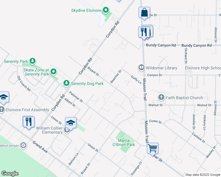 map of restaurants, bars, coffee shops, grocery stores, and more near 20357 Bryant Street in Wildomar