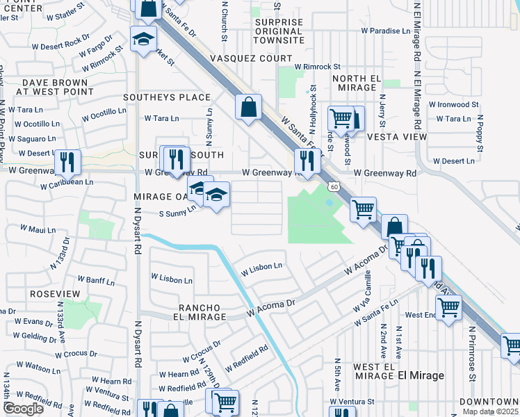 map of restaurants, bars, coffee shops, grocery stores, and more near 12721 West Greenway Road in El Mirage