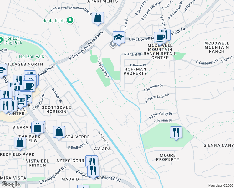 map of restaurants, bars, coffee shops, grocery stores, and more near 10243 East Camelot Court in Scottsdale