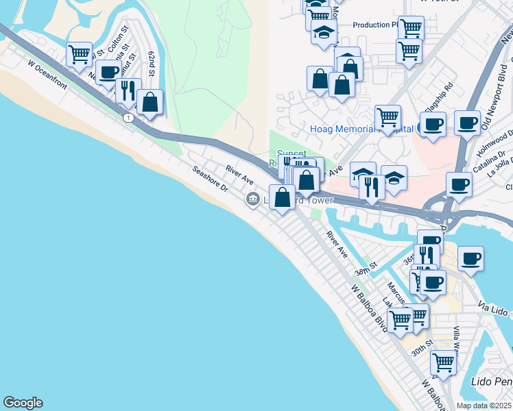 map of restaurants, bars, coffee shops, grocery stores, and more near 4804 Seashore Drive in Newport Beach