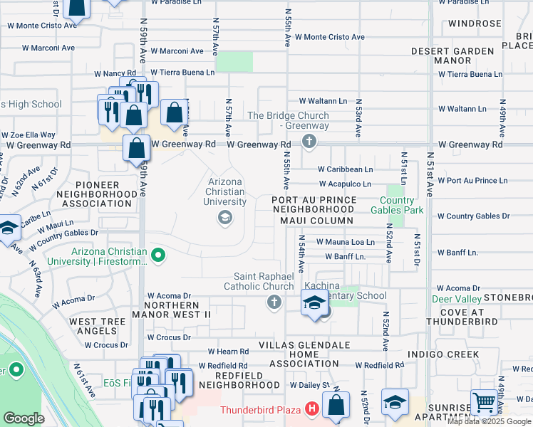 map of restaurants, bars, coffee shops, grocery stores, and more near 5521 West Maui Lane in Glendale