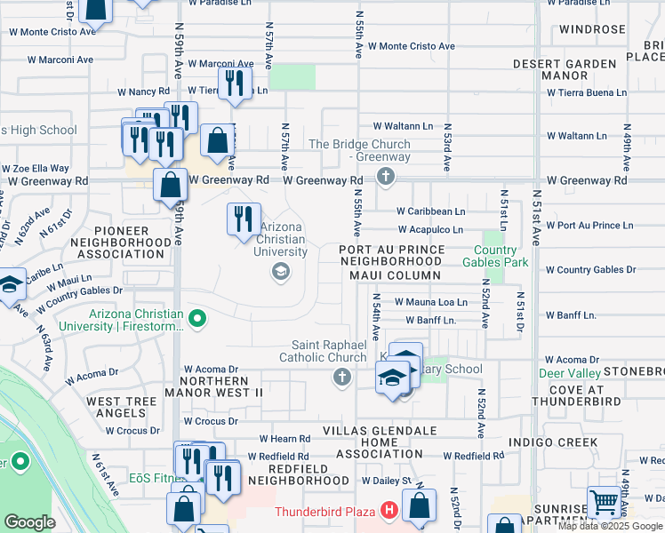 map of restaurants, bars, coffee shops, grocery stores, and more near 5521 West Maui Lane in Glendale