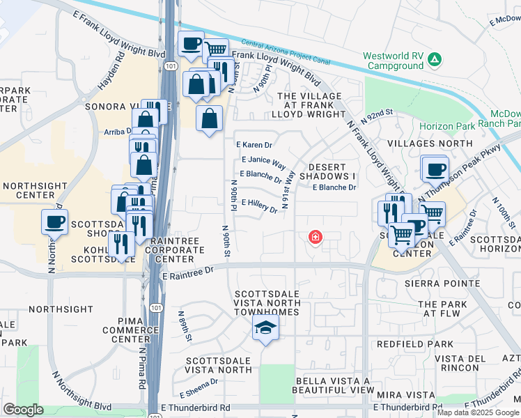 map of restaurants, bars, coffee shops, grocery stores, and more near 9077 East Butherus Drive in Scottsdale