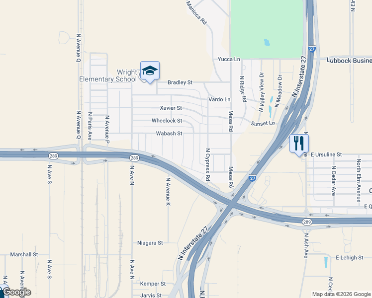 map of restaurants, bars, coffee shops, grocery stores, and more near Texas 289 Loop Frontage Road in Lubbock