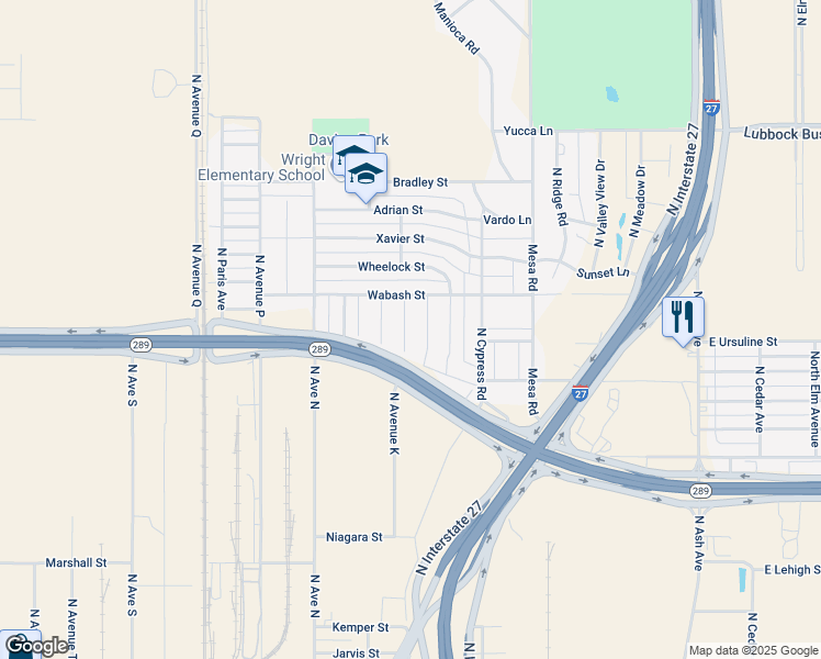 map of restaurants, bars, coffee shops, grocery stores, and more near Texas 289 Loop Frontage Road in Lubbock