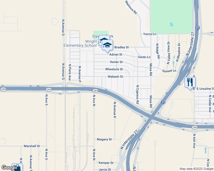 map of restaurants, bars, coffee shops, grocery stores, and more near Texas 289 Loop Frontage Road in Lubbock