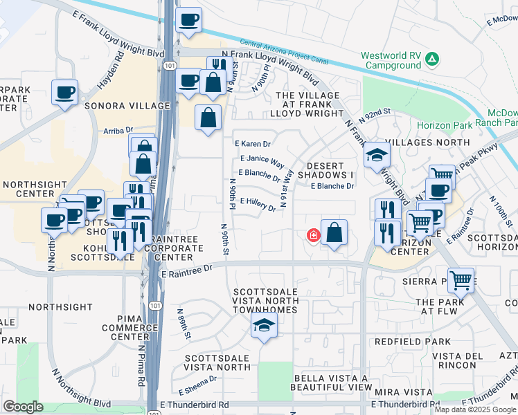 map of restaurants, bars, coffee shops, grocery stores, and more near 9077 East Butherus Drive in Scottsdale