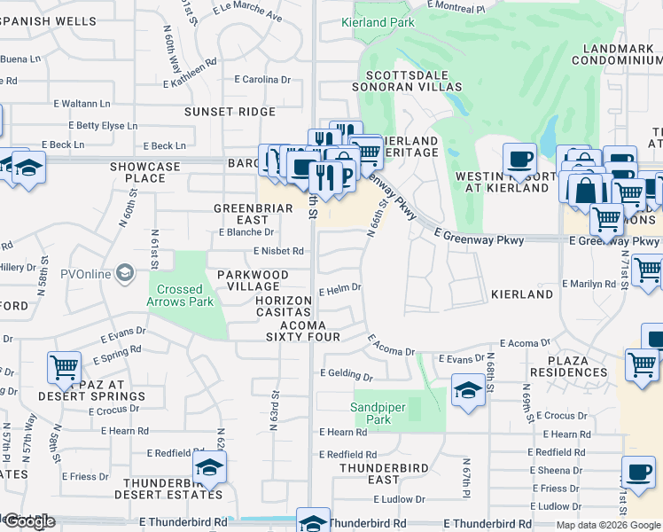 map of restaurants, bars, coffee shops, grocery stores, and more near 6426 East Helm Drive in Scottsdale