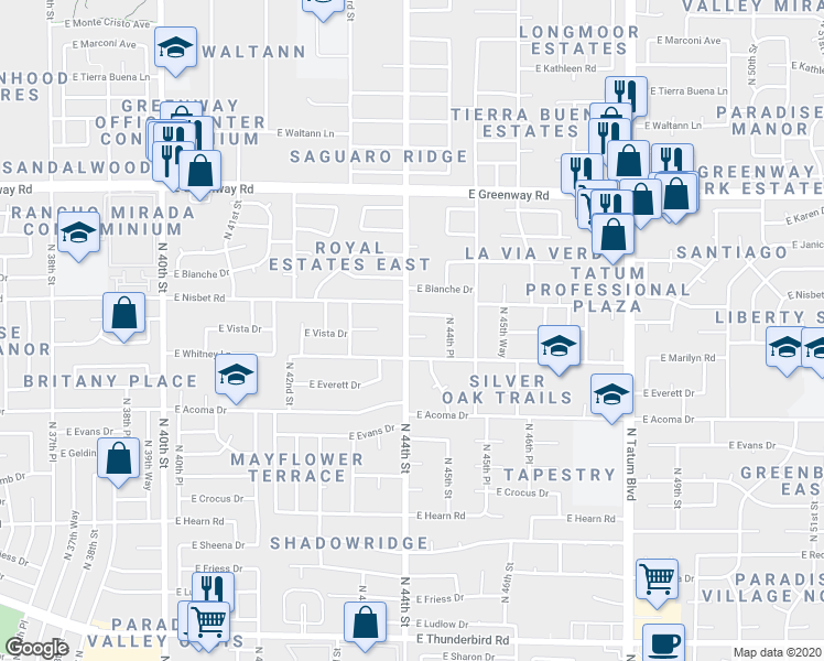 map of restaurants, bars, coffee shops, grocery stores, and more near 14802 North 44th Street in Phoenix