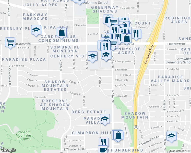 map of restaurants, bars, coffee shops, grocery stores, and more near 3043 East Marilyn Road in Phoenix
