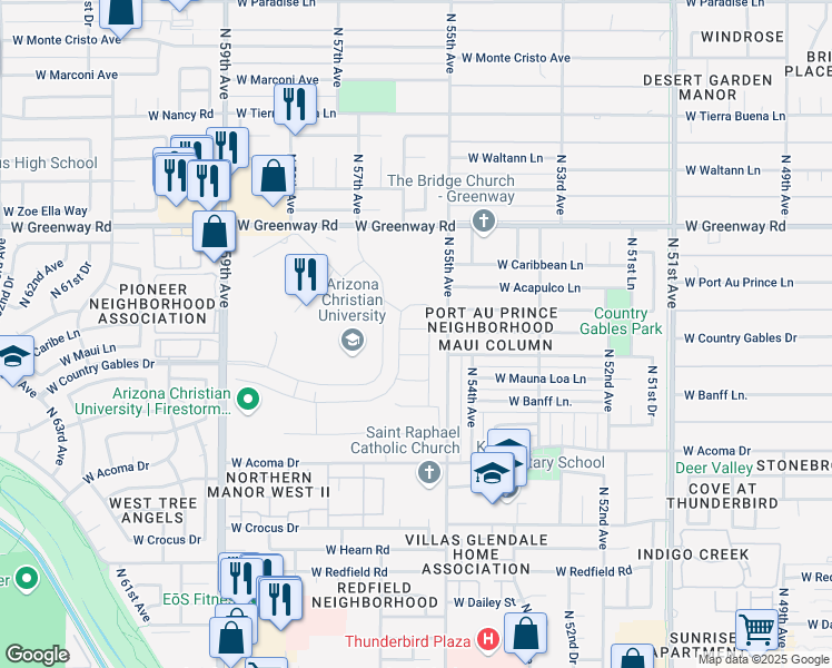 map of restaurants, bars, coffee shops, grocery stores, and more near North 57th Drive in Glendale
