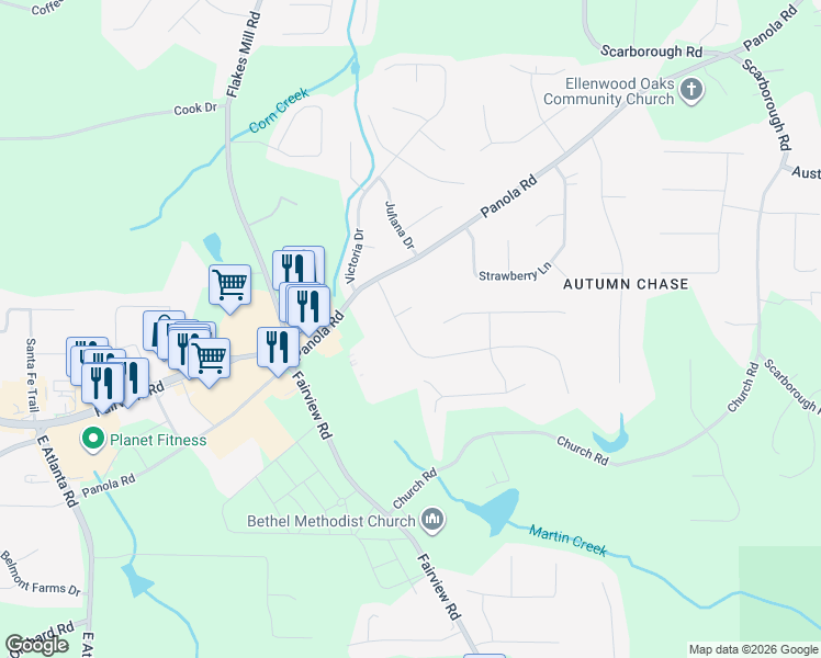 map of restaurants, bars, coffee shops, grocery stores, and more near 45 Fairfield Drive in Ellenwood