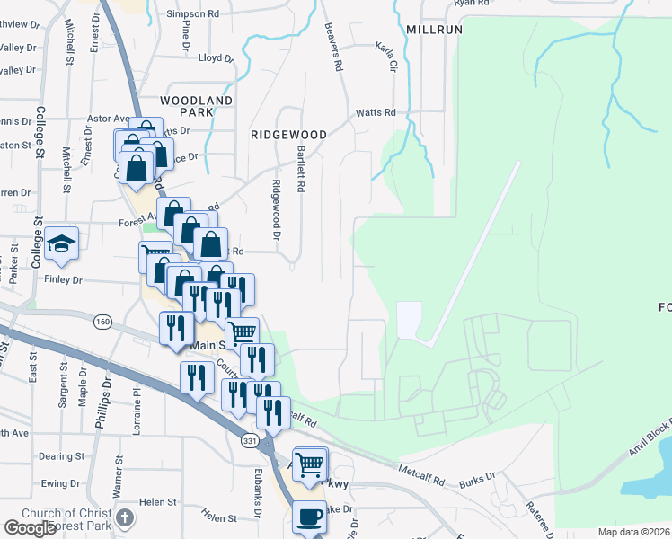 map of restaurants, bars, coffee shops, grocery stores, and more near 4900 Pinedale Drive in Forest Park
