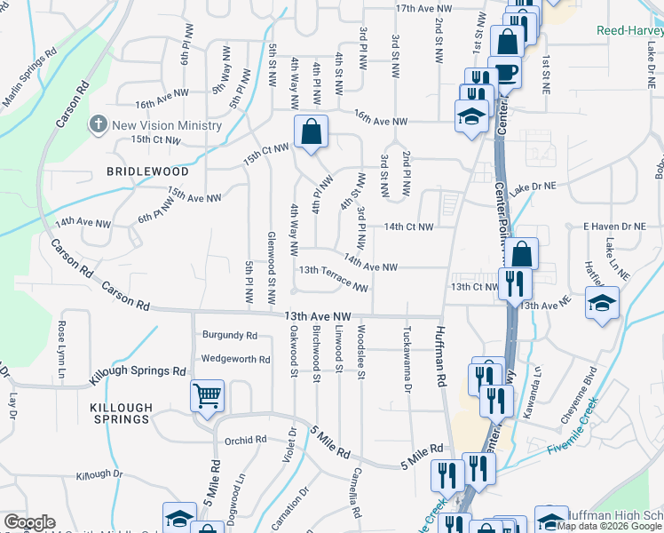 map of restaurants, bars, coffee shops, grocery stores, and more near 412 13th Court Northwest in Center Point