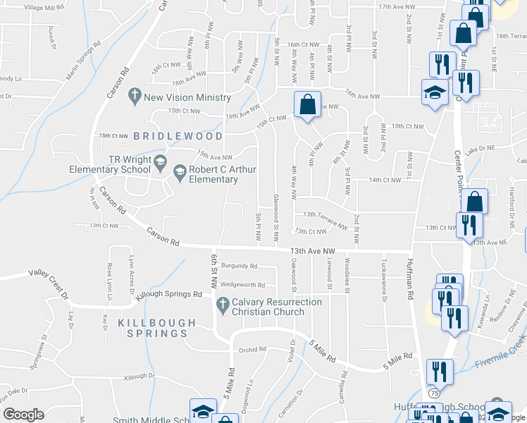 map of restaurants, bars, coffee shops, grocery stores, and more near 1320 Glenwood Street Northwest in Center Point