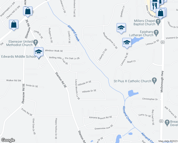 map of restaurants, bars, coffee shops, grocery stores, and more near 1601 Marshall Lane Southeast in Conyers