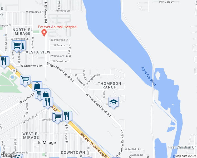 map of restaurants, bars, coffee shops, grocery stores, and more near 15104 North B Circle in El Mirage