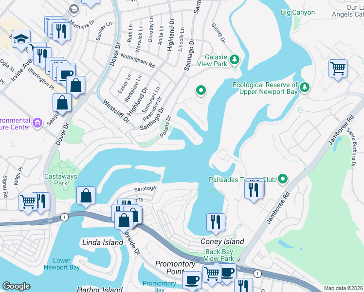 map of restaurants, bars, coffee shops, grocery stores, and more near 301 Morning Star Lane in Newport Beach