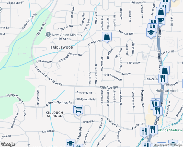 map of restaurants, bars, coffee shops, grocery stores, and more near 1320 Glenwood Street Northwest in Center Point
