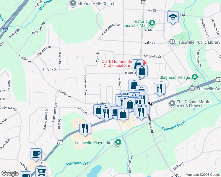 map of restaurants, bars, coffee shops, grocery stores, and more near 174 Charleston Way in Trussville