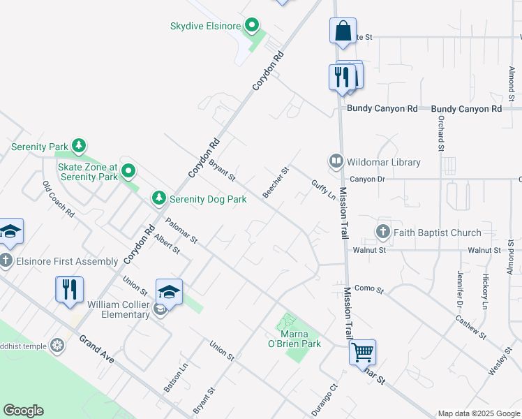 map of restaurants, bars, coffee shops, grocery stores, and more near 32370 Hallie Street in Wildomar