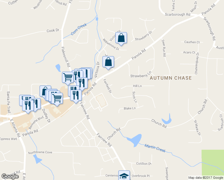 map of restaurants, bars, coffee shops, grocery stores, and more near 45 Fairfield Drive in Ellenwood