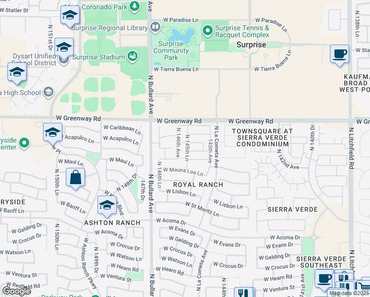 map of restaurants, bars, coffee shops, grocery stores, and more near 15085 North 146th Avenue in Surprise