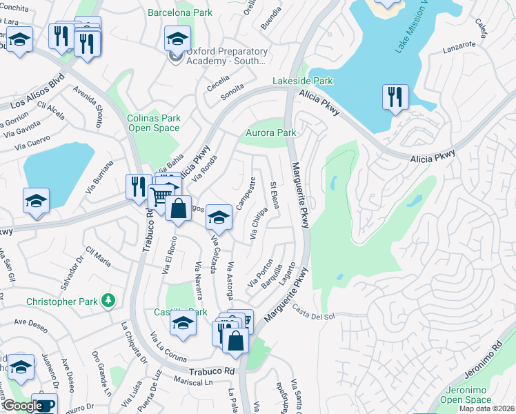 map of restaurants, bars, coffee shops, grocery stores, and more near 23502 Vía Breve in Mission Viejo