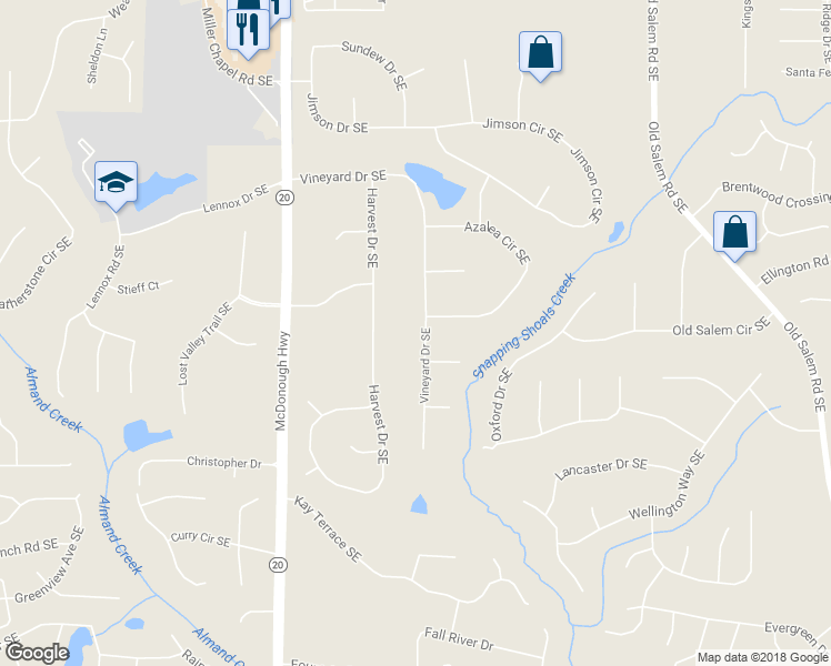 map of restaurants, bars, coffee shops, grocery stores, and more near 1195 Vineyard Drive Southeast in Conyers