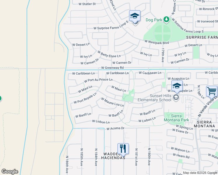 map of restaurants, bars, coffee shops, grocery stores, and more near 18240 West Port Au Prince Lane in Surprise
